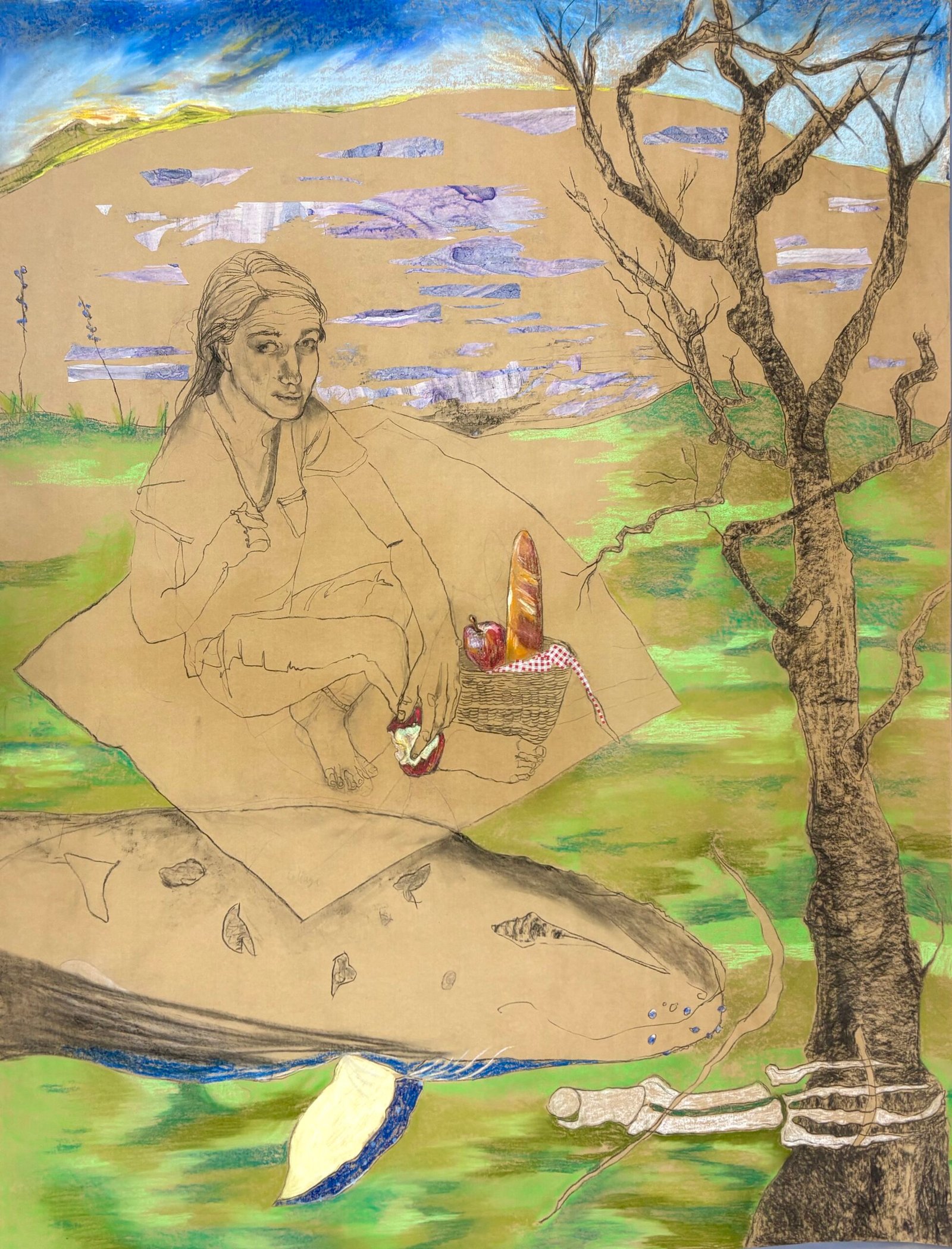 2026. Carbón , pastel, vinílica, collage, sobre papel kraft. 200 x 160 cm.