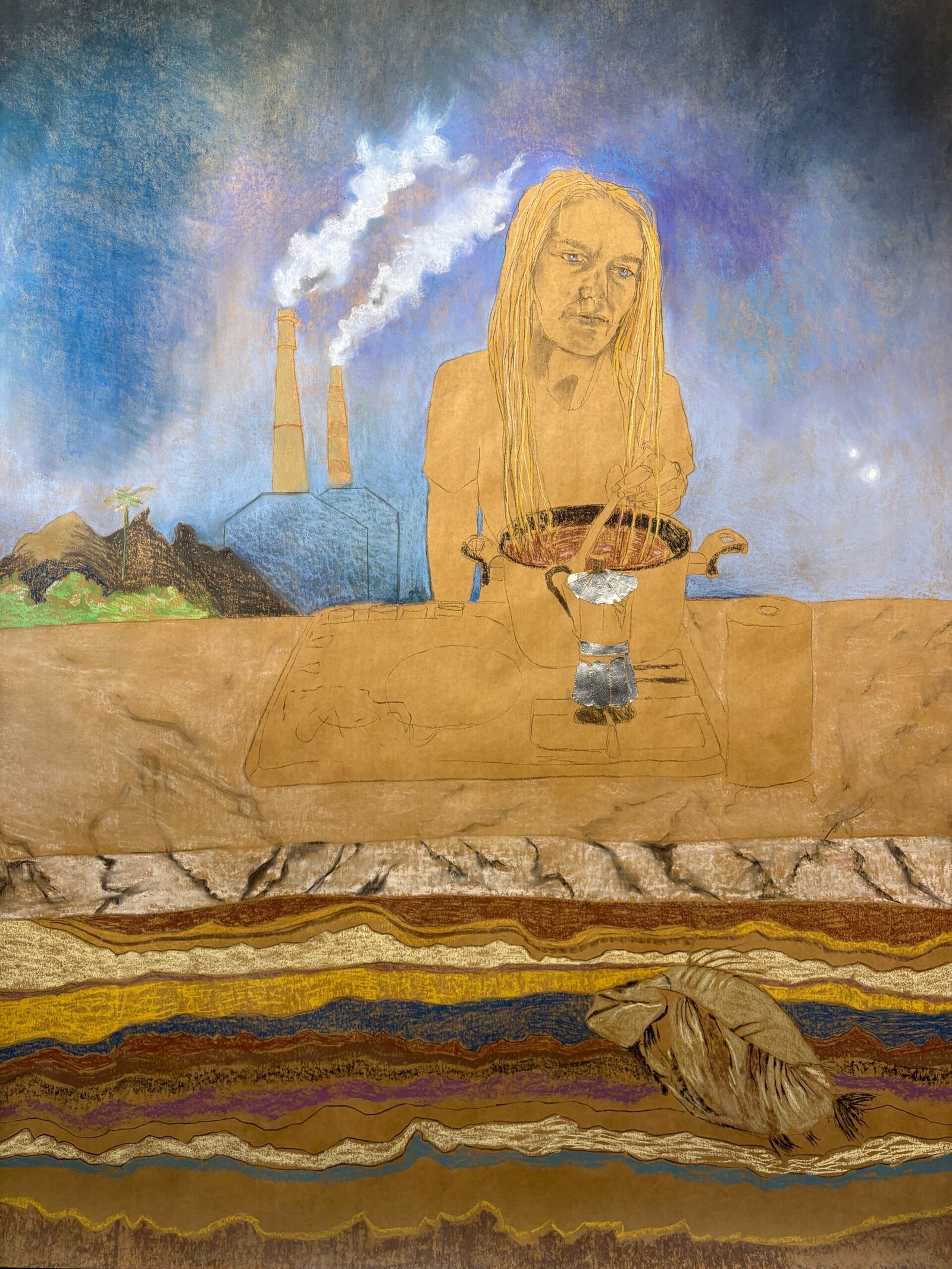 2026. Carbón , pastel, collage sobre papel kraft. 200 x 160 cm.